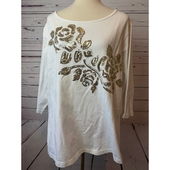 Quacker Factory Tops - Quacker Factory Knit Top Plus Size 1X Sequin Floral Rose NWT Pullover Shirt